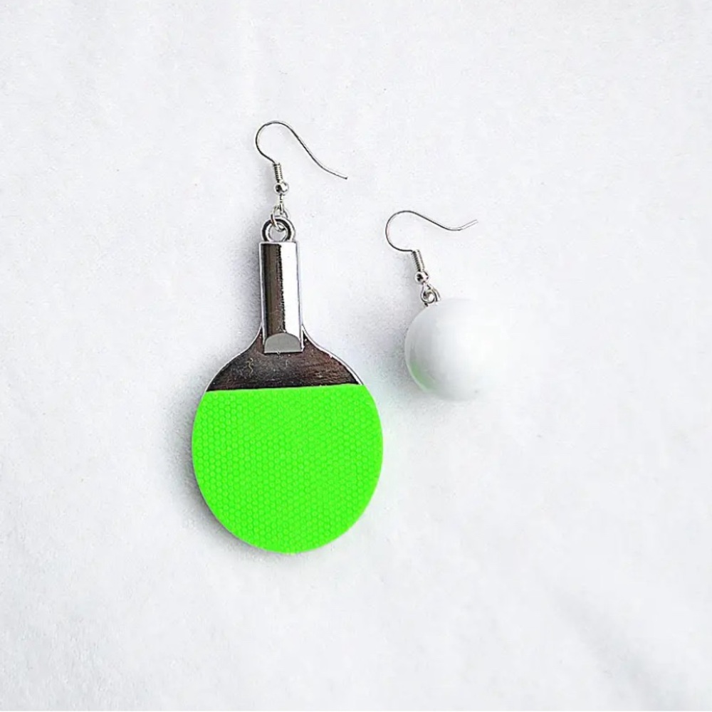 🏓 Green Ping Pong Paddle and Ball Earrings